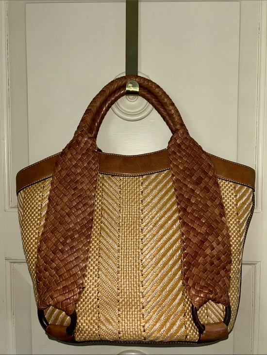 Cole Haan Handbags - COLE HAAN Woven Straw LG Tote Bag with Braided Leather Handles - Brown & Natural